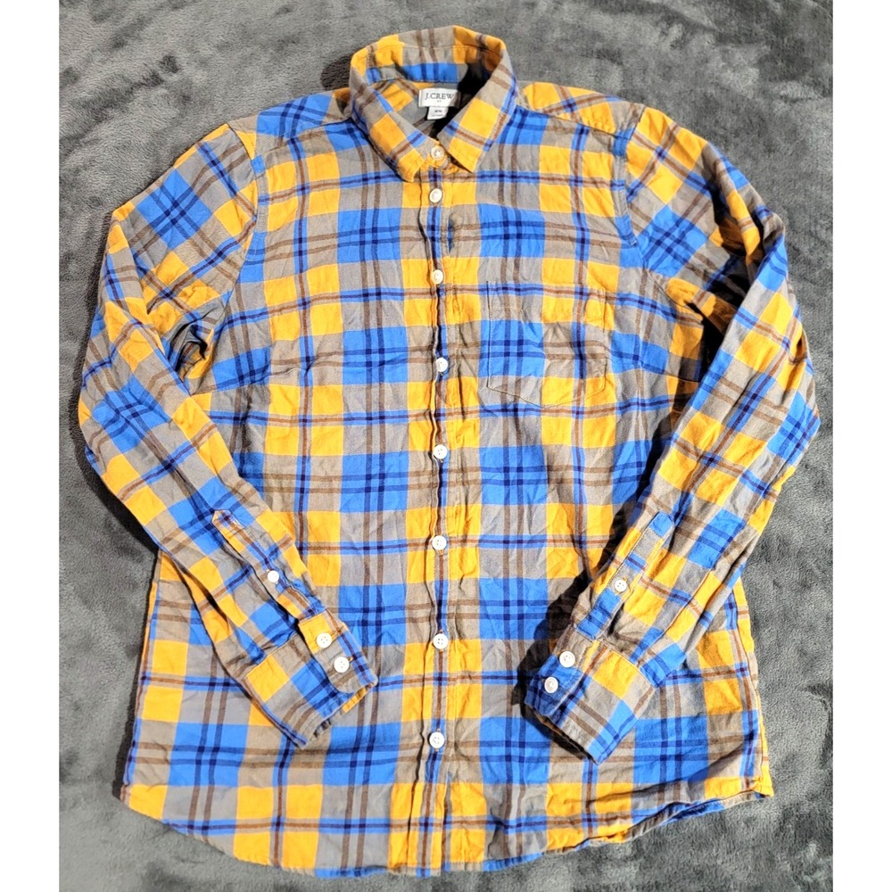 J.Crew Shirt Women XS Blue Yellow Plaid Soft Cotton Twill Long Sleeve Preppy